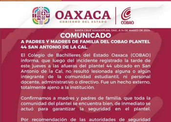 No hubo lesionados en incidente registrado en el COBAO de San Antonio de la Cal