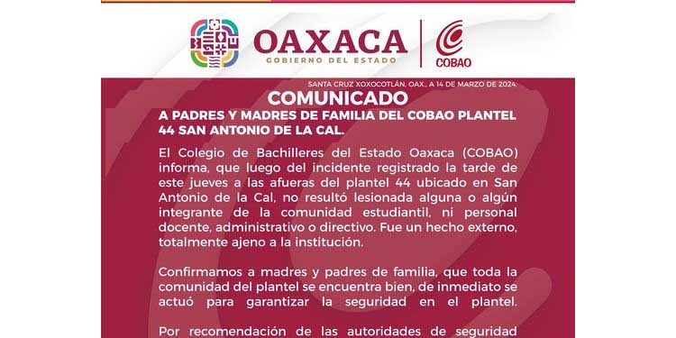 No hubo lesionados en incidente registrado en el COBAO de San Antonio de la Cal